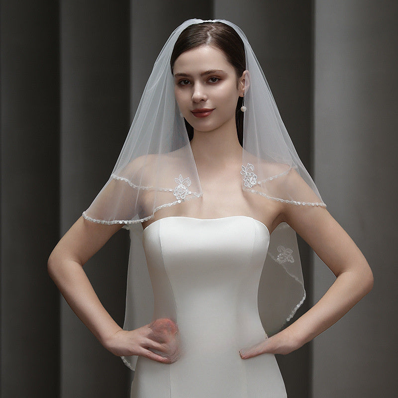 Princess Style Sheer Tulle Bridal Veil with Floral Embellishments
