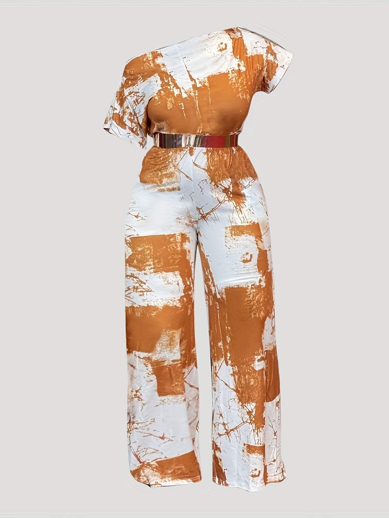 One Shoulder Wide Leg Jumpsuit With Metal Belt