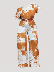 One Shoulder Wide Leg Jumpsuit With Metal Belt