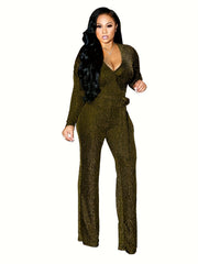 V Neck Tie Waist Jumpsuit Long Sleeve Women's Clothing