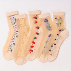 5 Pairs Floral Print Mesh Socks Breathable Mid Tube Women's Stockings