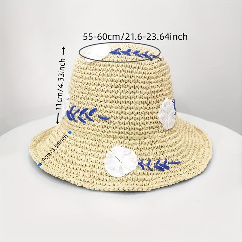 Flower Embroidery Straw Bucket Hat Boho Crochet Solid Basin Hat