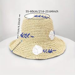 Flower Embroidery Straw Bucket Hat Boho Crochet Solid Basin Hat