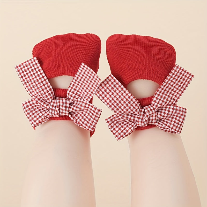 2 Pairs Plaid Heart Bow Princess Socks for Baby Girls Non Slip & Comfy
