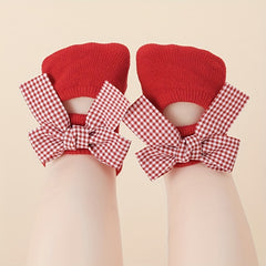 2 Pairs Plaid Heart Bow Princess Socks for Baby Girls Non Slip & Comfy