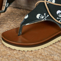 Skull Pattern Zipper Back Thong Sandals Open Toe Summer Flat Shoes