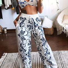 Floral Printed Bra Tops & Long Pants Suits Women's Night Out