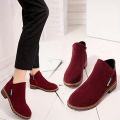 Chunky Heeled Ankle Boots Round Toe Zipper Shoes