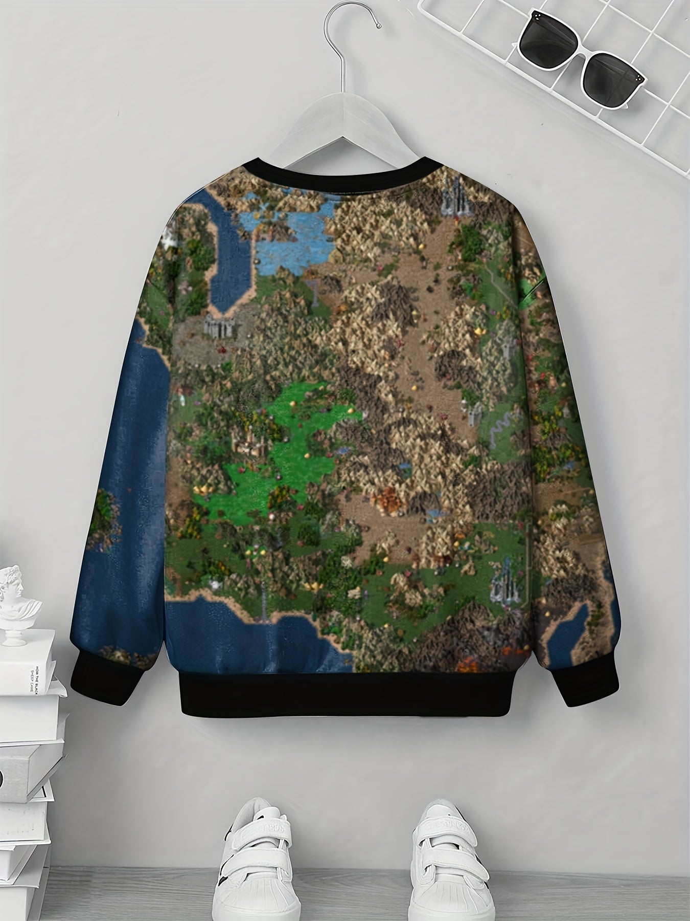 Pixel Map Print Boys Sweatshirt Long Sleeve Pullover Top