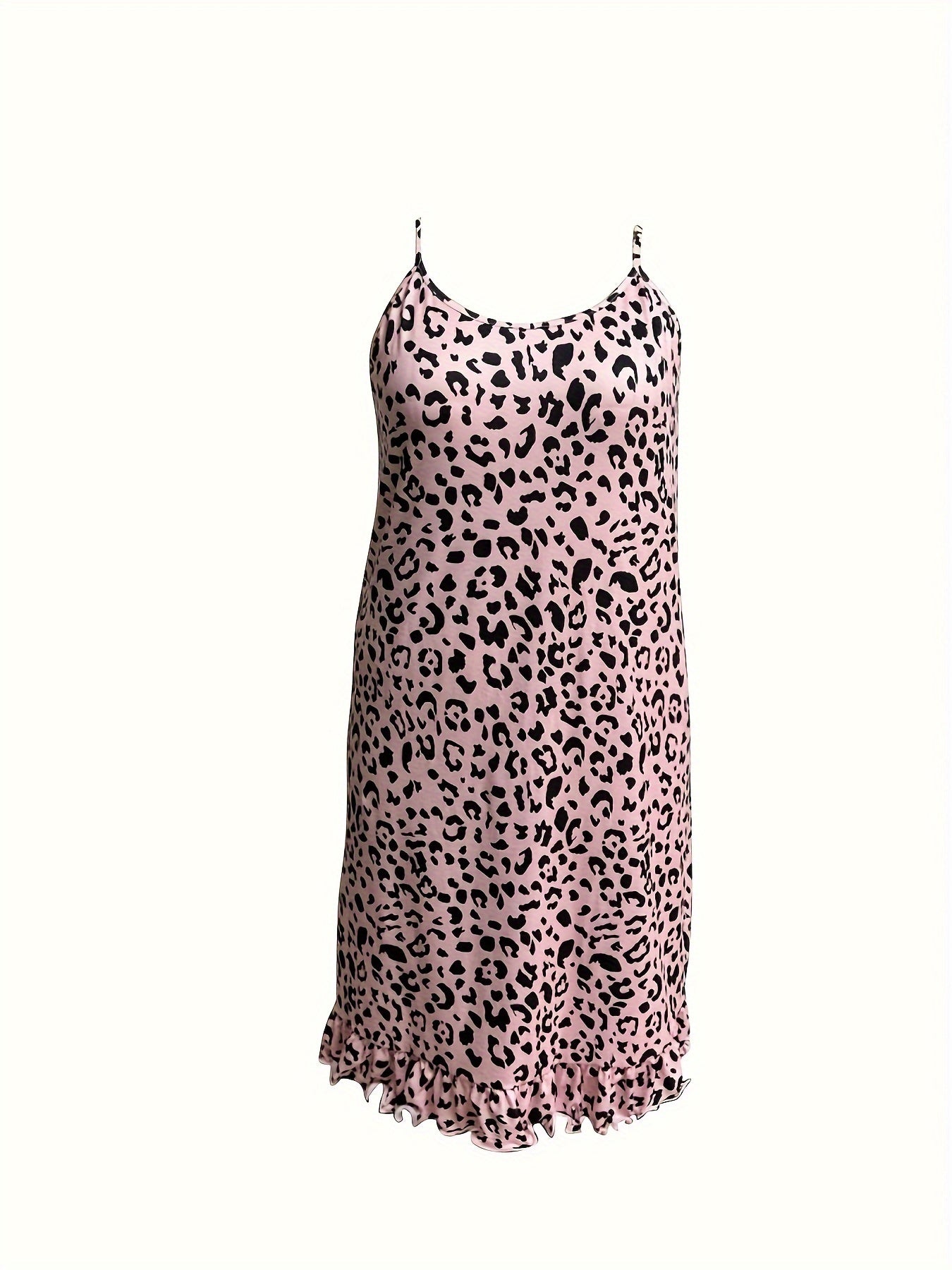 Sexy Nightdress Leopard Print Ruffle Trim Stretch Cami Sleep Dress