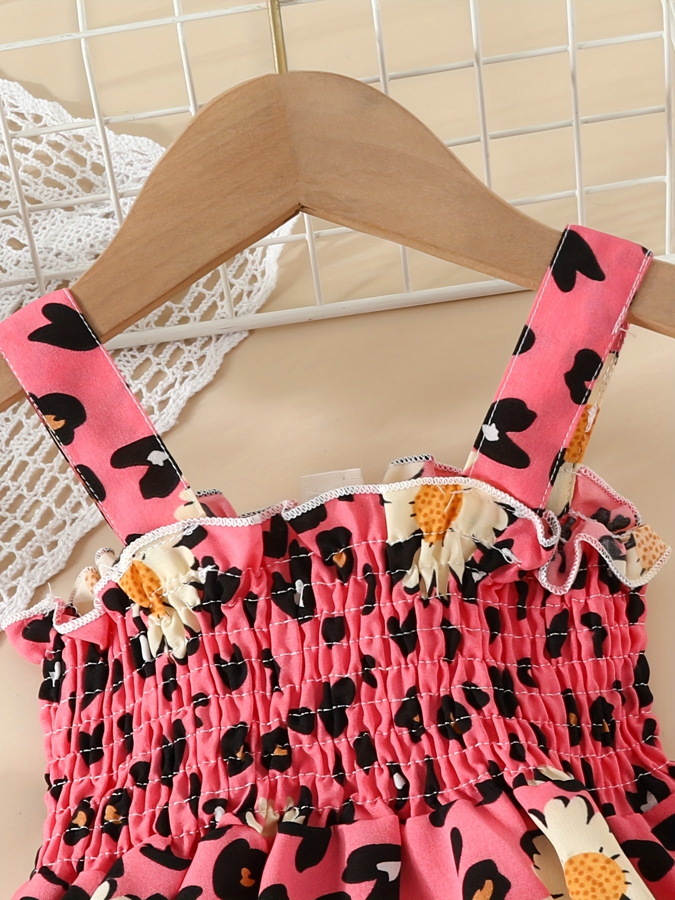 Toddler Girls Leopard Flowers Graphic Frill Trim Cami Dress