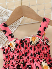 Toddler Girls Leopard Flowers Graphic Frill Trim Cami Dress