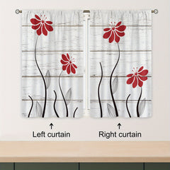 Red Flower Pattern Curtains Floral Petals Rod Pocket Plant Wooden Printed Curtai