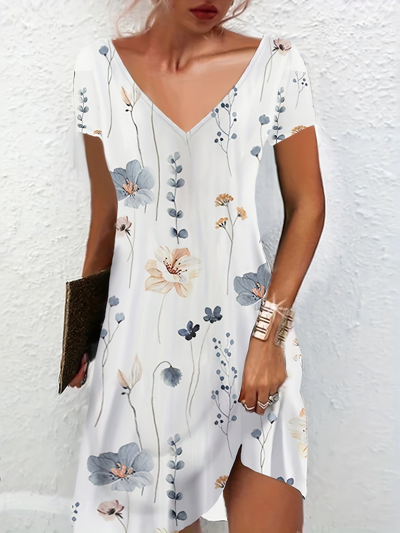 Floral Print Short Sleeve V Neck Dress
