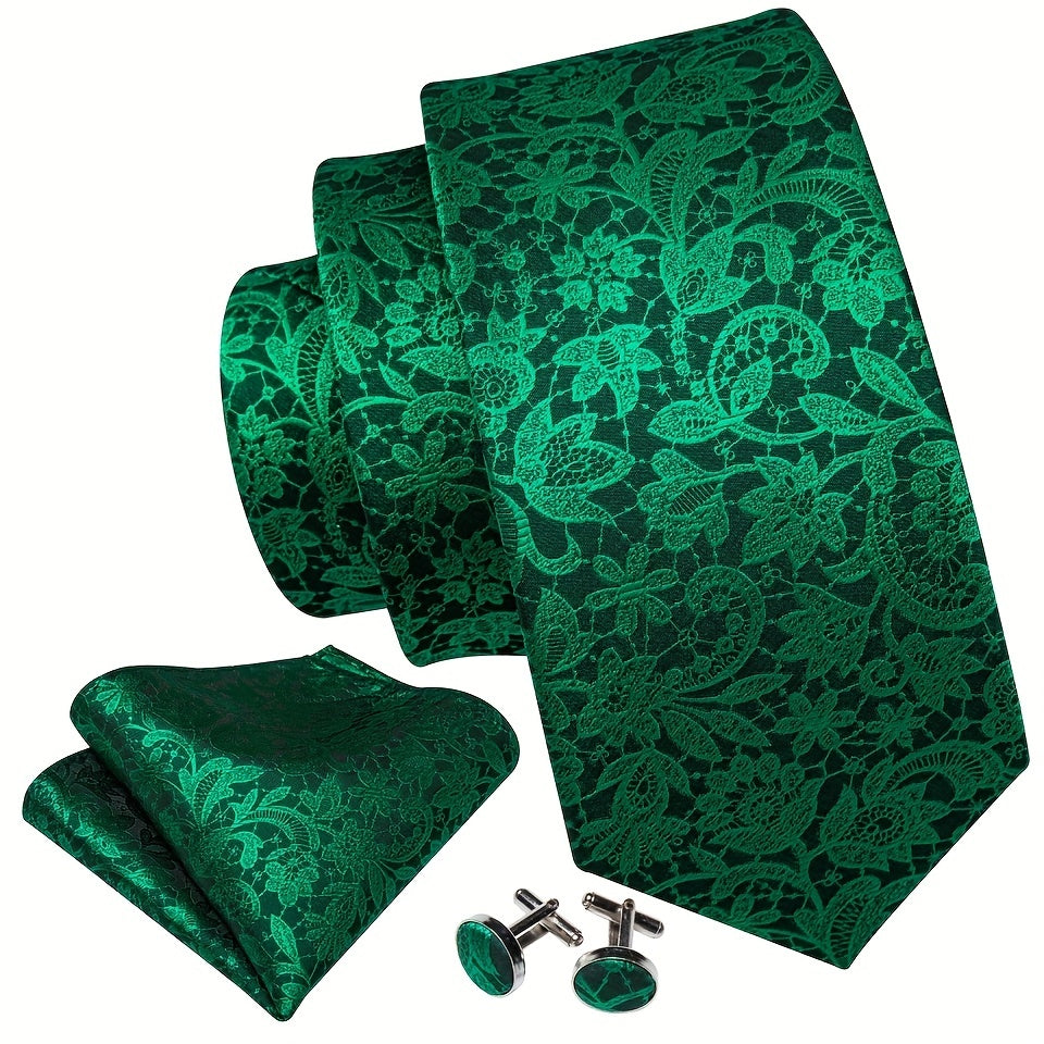 Barry Wang Green Silk Necktie Set For Men