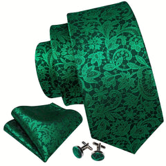 Barry Wang Green Silk Necktie Set For Men
