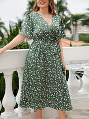 Ditsy Print Short Sleeve Surplice Neck Dress With Belt