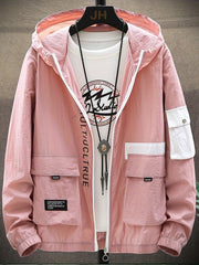 Stylish Letter Print Pattern Zip Up Hooded Jacket Men s Clothes