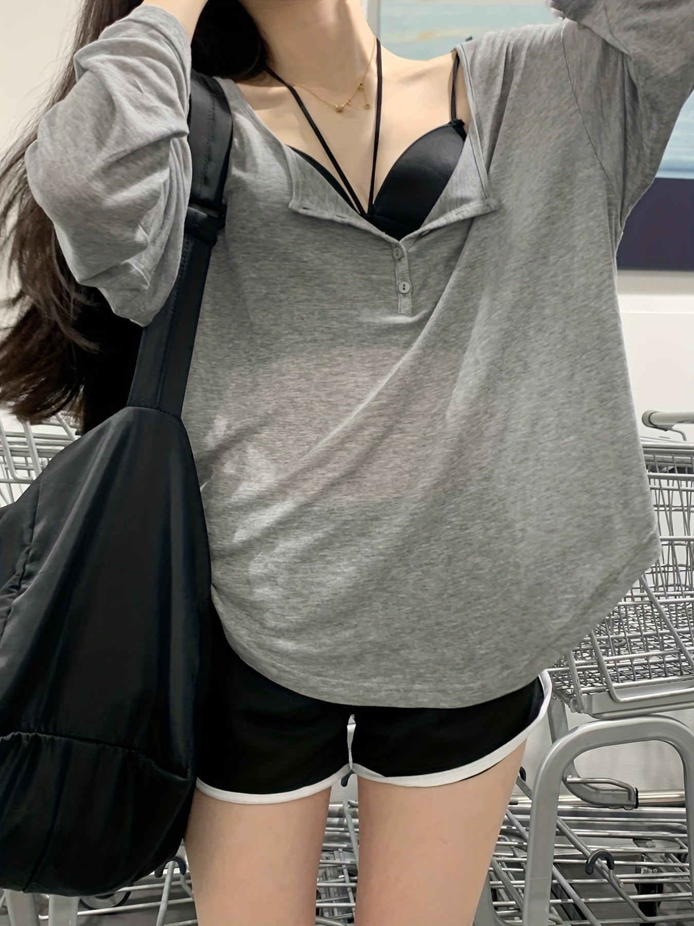 Grey Scoop Neck Cover Up T Shirt Top Long Sleeve Solid Sun Protection Beach Cove