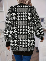 Women's Plus Geometric Print Long Sleeve Open Front Cardigan With Pockets