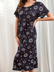 Starry Print NightDress Short Sleeve Crew Neck Pajama Dress