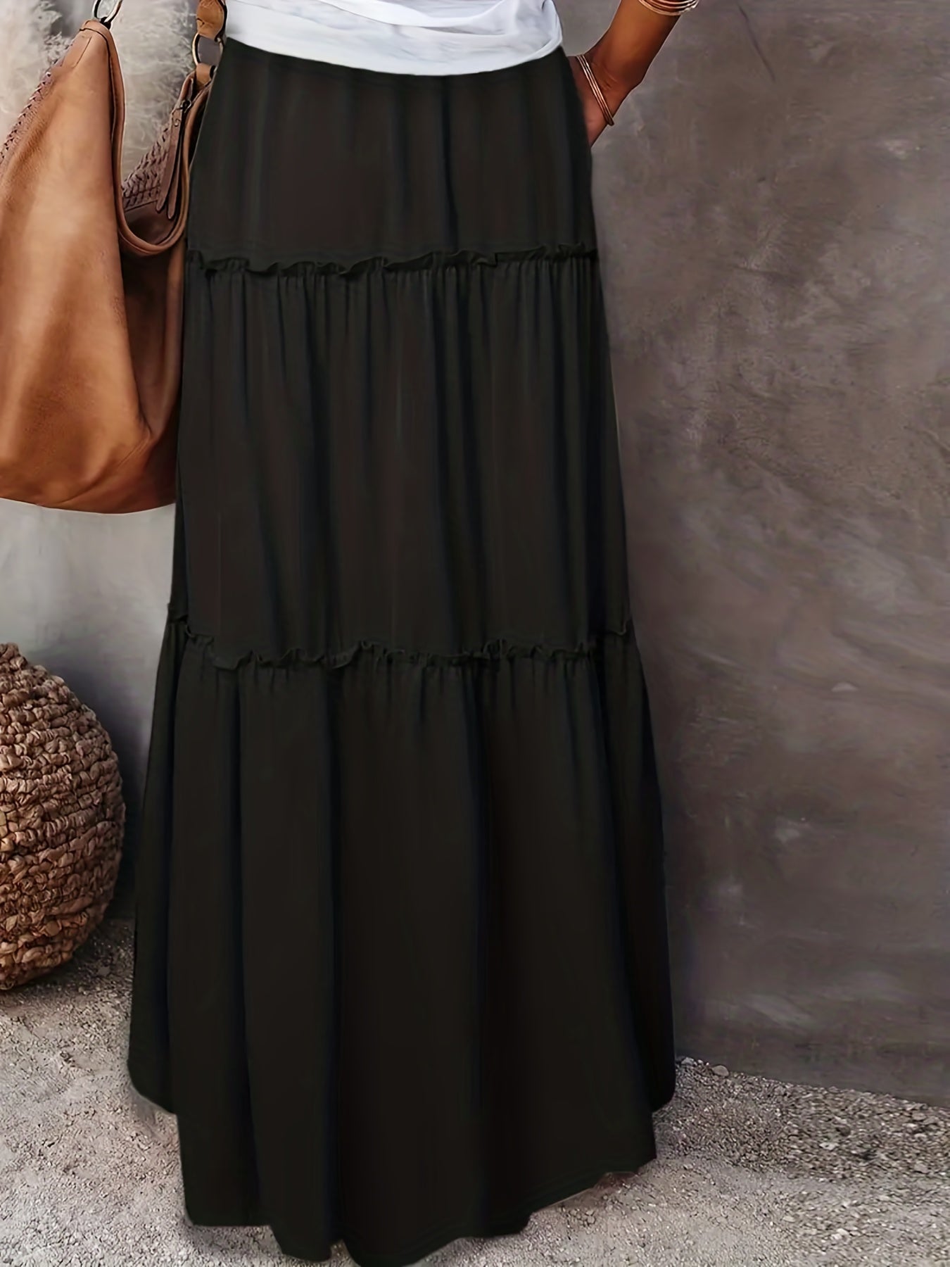 Ruched Maxi Skirt Solid Color Drawstring Waist Casual Elastic