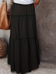 Ruched Maxi Skirt Solid Color Drawstring Waist Casual Elastic
