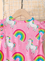 Toddler Girls Rainbow Unicorn Ruffle Trim Dress