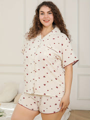 Heart Print Pajama Set Short Sleeve Button Up Shirt & Tie Shorts