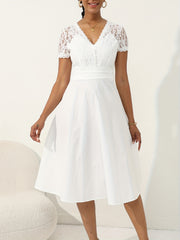 V Neck Button Front Wedding Dress Short Sleeve Dress