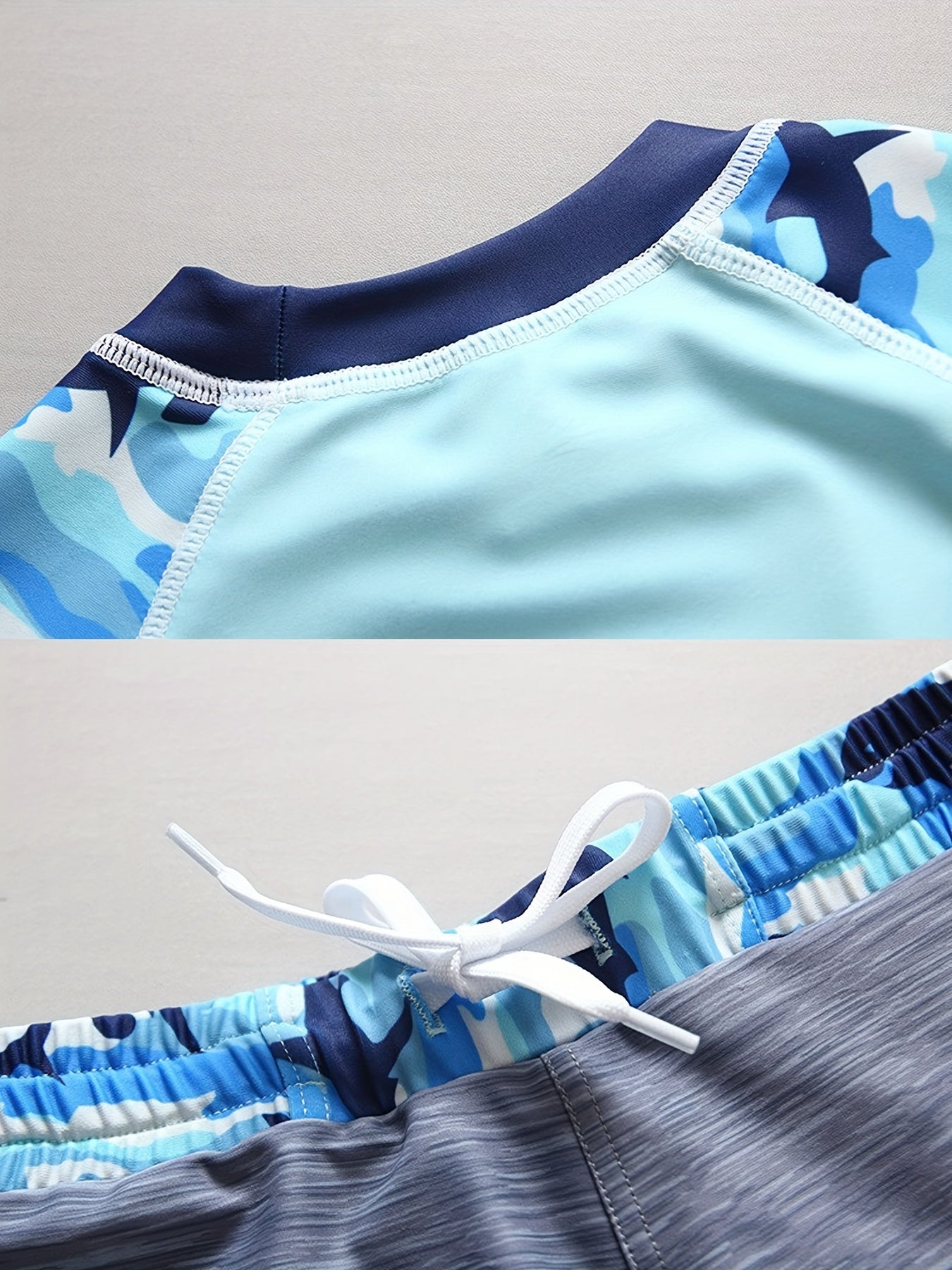 Boys Camo Swim Set Shark Graphic Top Shorts & Hat