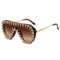 Flat Top Shield Sunglasses Tinted Lens Rivet & Rhinestone Decor UV400