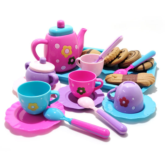 Kids Pretend Play Tea Set with Tray & Cookies Pink & Floral Plastic