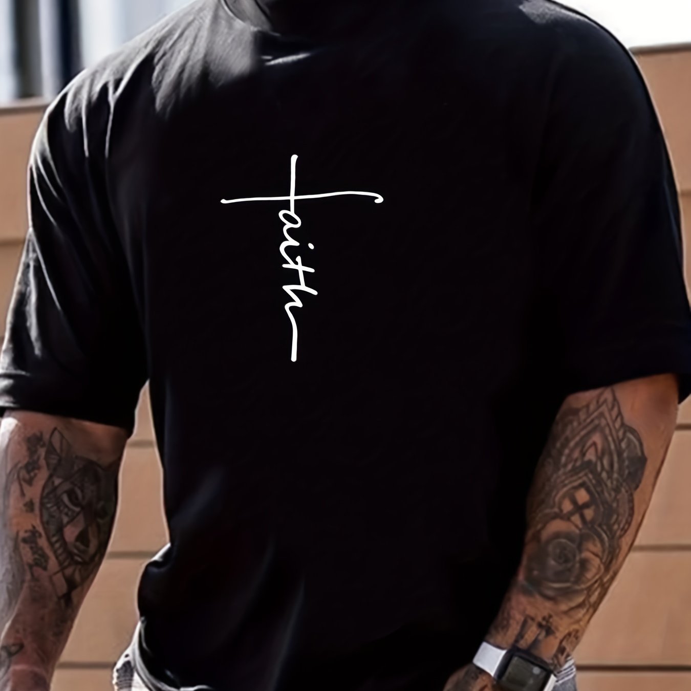 Casual Faith Print Men's Round Neck T-Shirt for Running