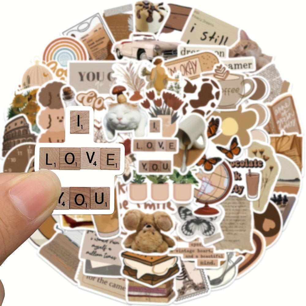 112pcs Retro Brown Art Literary Doodle Stickers Waterproof Decorative