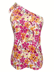 Floral Print One Shoulder Top Boho Summer Knot Sleeveless Top Women