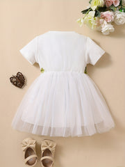Baby Girls Mesh Splicing Dress Ribbed Short Sleeves Crew Neck Flowers Embroidere