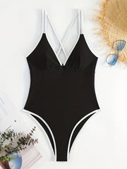 Deep V Neck One Piece Bathing Suit with Cross Back Double Strap