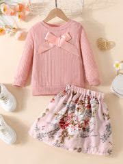 Autumn Girls Knitted Head Pullover Flower Print Skirt Set