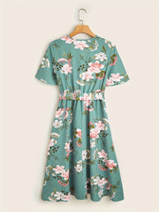 Floral Print Surplice Neck Dress Women's Clothing
