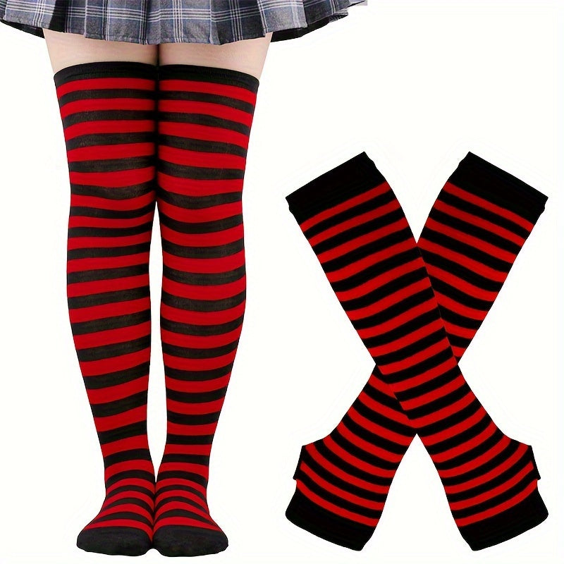 Colorful Striped Knitted Thigh Long Stockings & Gloves Set