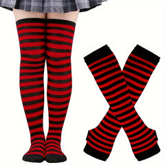 Colorful Striped Knitted Thigh Long Stockings & Gloves Set