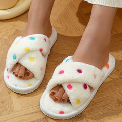 Polka Dots Pattern Slippers Casual Cross Strap Plush Slip On Furry Slippers