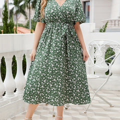 Ditsy Print Short Sleeve Surplice Neck Dress With Belt