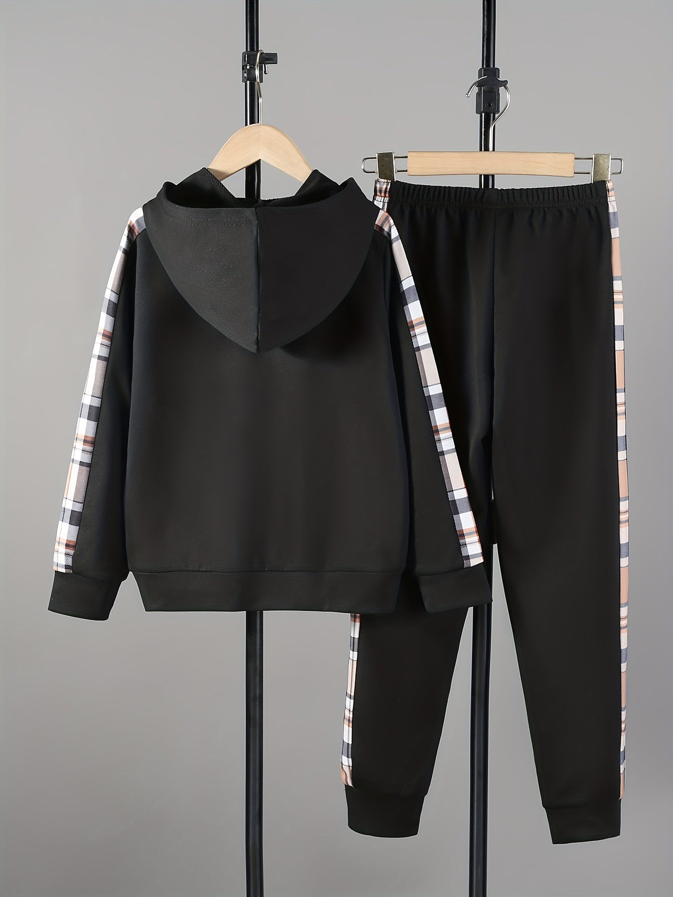 Boy's Stylish Hooded Jacket & Pants Set Zip Up Plaid Patched Outfits