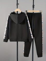Boy's Stylish Hooded Jacket & Pants Set Zip Up Plaid Patched Outfits