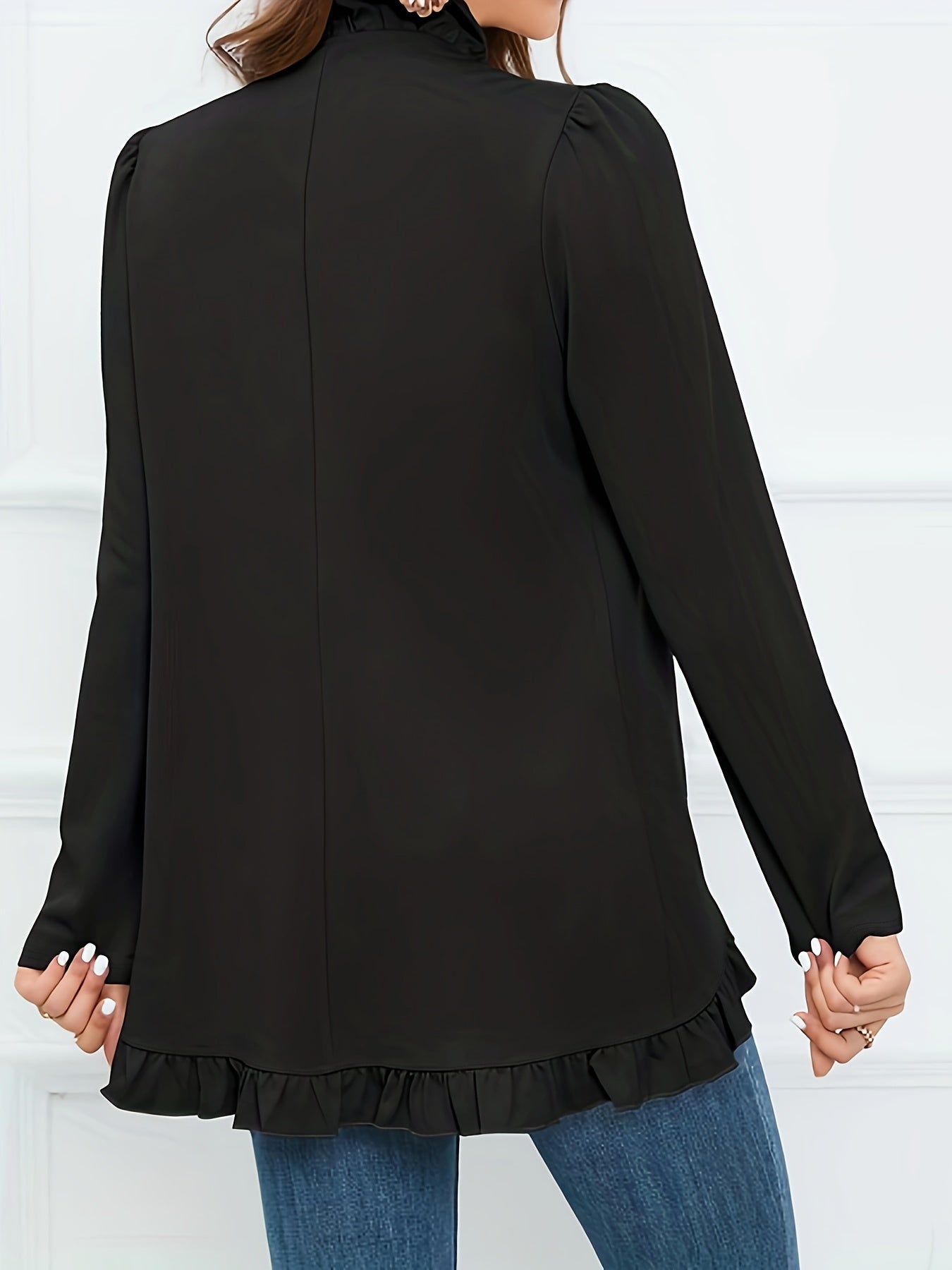 Casual Cardigan Women's Plus Solid Long Sleeve Open Front Ruffle Trim