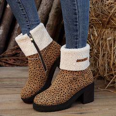 Leopard Print Winter Snow Boots Side Zipper Chunky Block Heel Ankle Boots