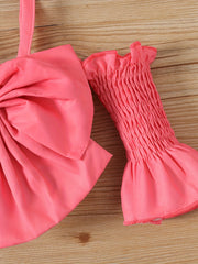 2pcs Baby Girls Suspender Outfit Set with Ruffle Bow Decor and Denim Pants