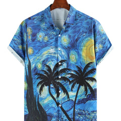 Men's Starry Night Print Short Sleeve Shirt for Summer